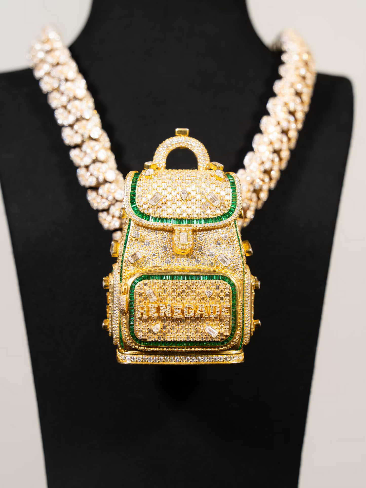 Renegade Back Pack Two Tone Emeralds Moissanite Pendant